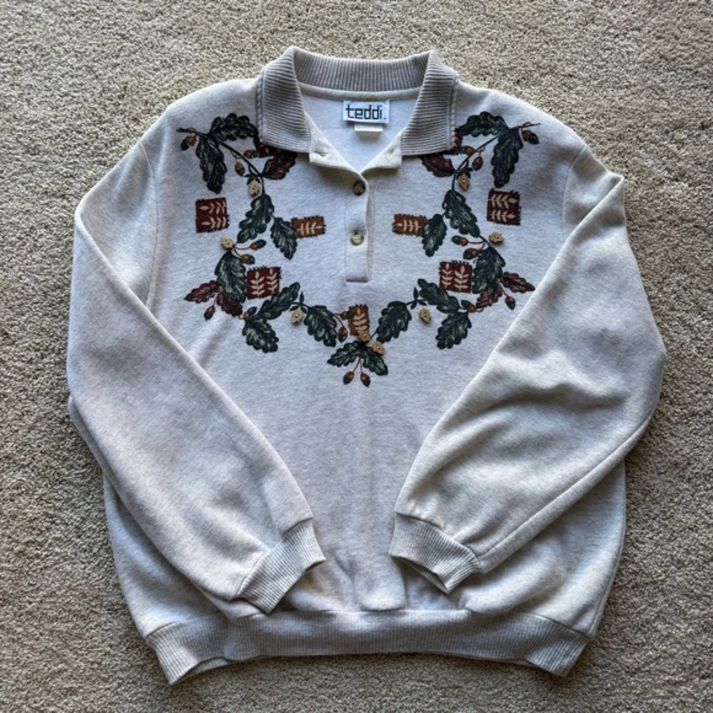 Vintage Teddi Cottagecore Sweater Nature Print Collared 90s Shoulder Pads L